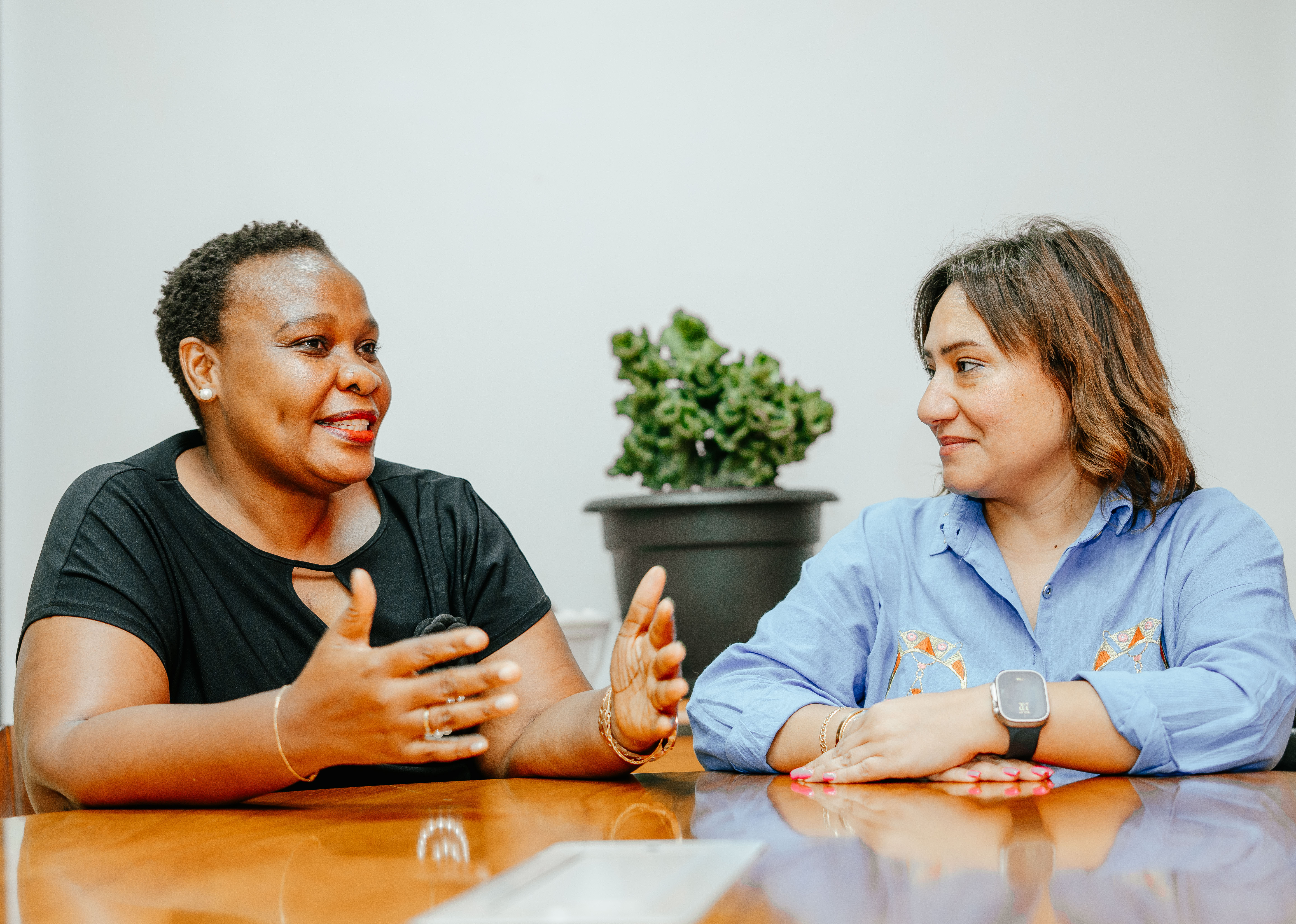 Two women seated at a table having a discussion with a potted plant in the background.